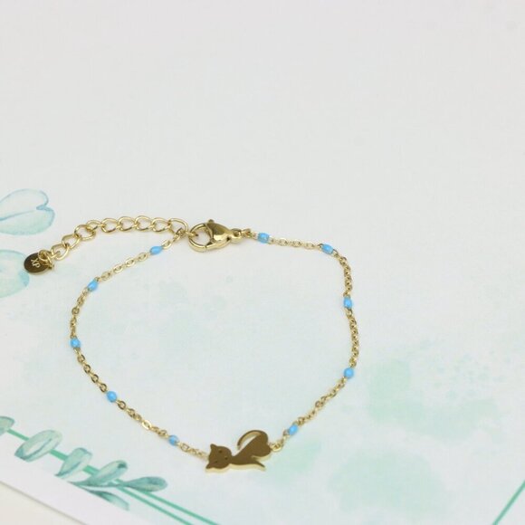 Chic Yellow Gold Cat Bracelet with Blue Beads, XPBL0622 - Picture 5 of 12